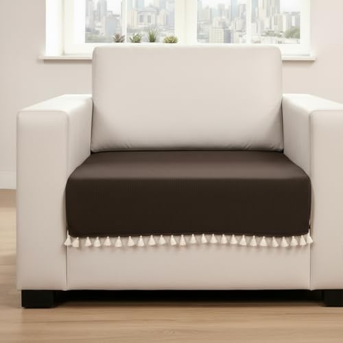 Image of HOMEMONDE 1 Seater Sofa Cover with Tassels |Soft, Durable & Textured Chenille Fabric with Tassels | Sofa Cover Mats for Living Room, Bedroom, or Drawing Room (76 X 61 CM, Brown)