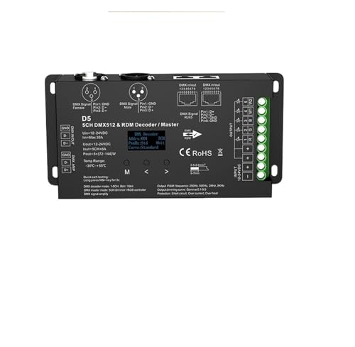 12-24V DMX512 CV OLED D5 �́ARGB + CCT LED �X�g���b�v�ɓK���� XLR3 RJ45 8/16Bit 5CH PWM 0-100% �����f�R�[�_���C���R���g���[���[�𓋍�