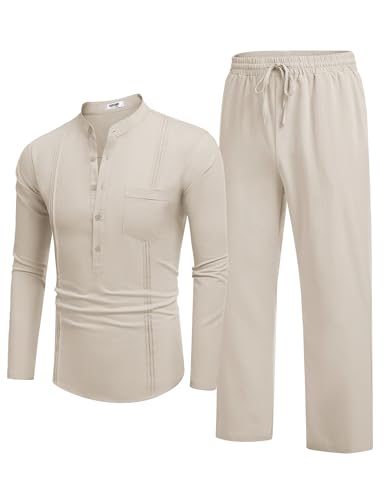 COOFANDY Conjunto masculino de 2 peças de linho de algodão casual manga longa Henley conjunto de cal