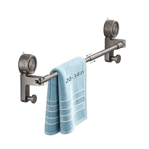 LxBrillxiant Adjustable Suction Cup Towel Bar for Bathroom Wall 20-34 Extendable Carbon Steel Towel Racks Space Saving Grey Bath Towel Holder with Hooks No-Drill Mounted (20-34IN 1-Tier)