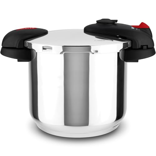 Alza Orion - Olla Express Rápida 7,5L, Acero Inoxidable 18/10, 2 Niveles de Cocción, Fondo 'Impaksteel', Diseño de Doble Asa, 5 Sistemas de Seguridad