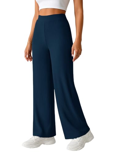 Image of Pinkmint Women High Waist Ribbed Wide Leg Trousers | Stretchable Palazzo Pants | Gym Yoga Workout Sports Activewear | Casual Lounge Travel Office Elastic Waist Flared Pants
