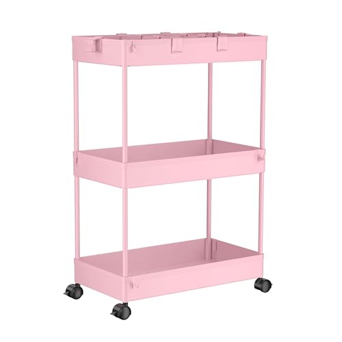 Image of SPACELEAD 3 Tier Rolling Cart with Wheels, Storage Craft Art Trolley Organizer Serving, 3 Hanging Baskets Easy Assembly, for Office, Living Room, Kitchen, Pink