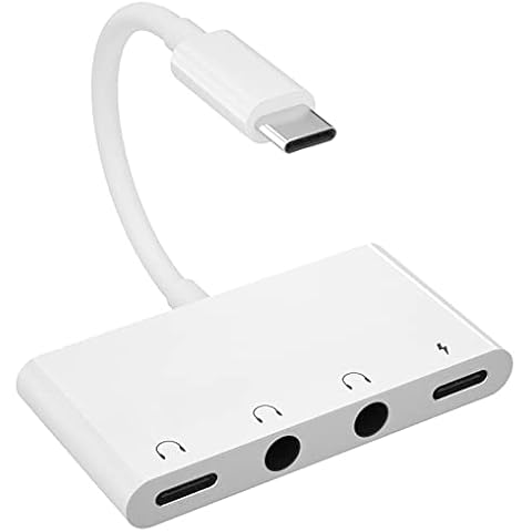 LXJADAP USB C to 3.5mm Headphone Jack Adapter, 4 in 1 USB C to Dual 3.5mm Headphone + Aux Audio Earphone Adapter Jack + Charing Splitter Galaxy S21 Note 20 /Plus,Pad Pro,Mate 30 Pro,Pixel 5 Cover