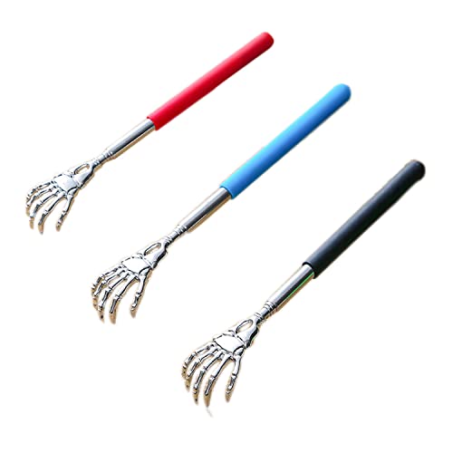 3 Stück Edelstahl Teleskop Rückenkratzer Skelett Klaue Kratzhände Ausziehbar mit Gummiertem Griff für Rücken und Kopf Kratzen, sofortige Linderung von Juckreiz(schwarz rot blau) Cover