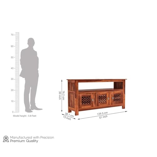 Image of Amazon Brand - Solimo Solid Sheesham Wood Jharokha Sideboard Cabinet with 3 Doors & 1 Open Shelf | Multipurpose Wooden Storage Organizer for Living Room, Bedroom, Kitchen, Office (Honey Finish)