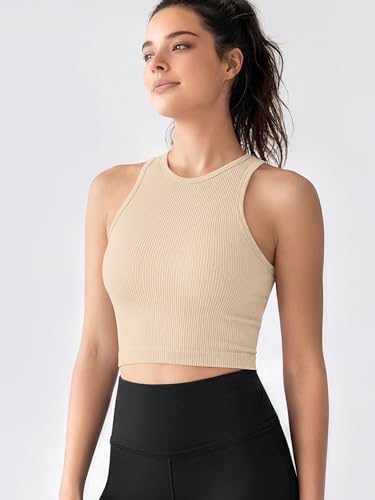 Image of ODODOS 3-Pack Seamless Crop Tank for Women Ribbed Soft High Neck Cropped Tops