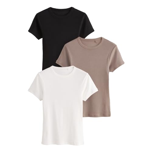 THE SET Damen t gerippte Kurzarm-T-Shirts, 3er-Pack Schwarz/Taupe Braun/Weiß XL