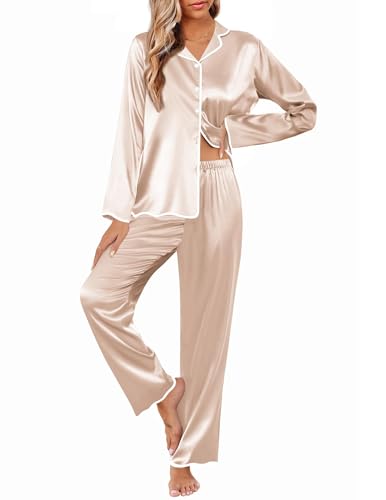 Ekouaer Silk Pajamas Set Long Sleeve Satin Pajama Sets 2 Pieces Button Down Pjs Ruffle Hems Pj Sets for Women