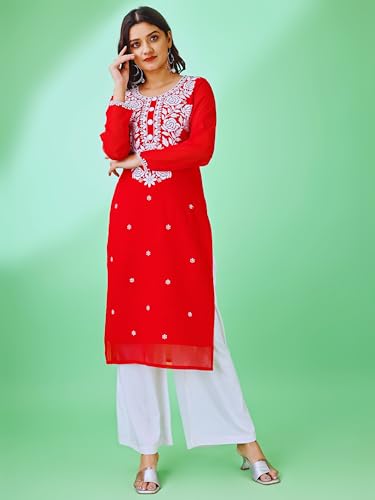 Image of HESVI Women's Georgette White Lakhnavi Chikankari Kurti with Intricate Embroidery Work