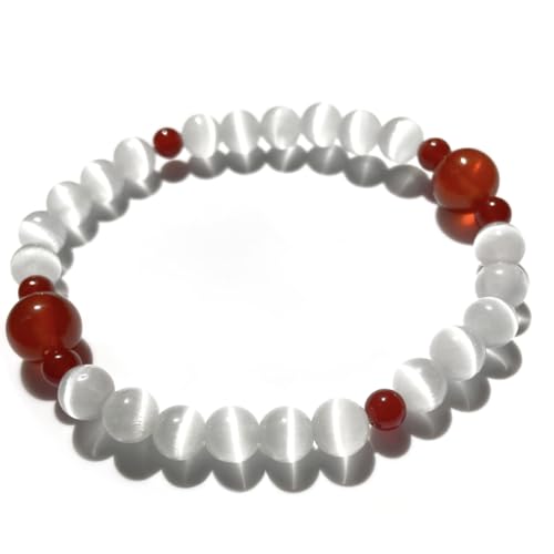 Selenite Charged Healing Crystal Bracelet for Women White Opal & Red Agate for Anxiety Relief, Positive Energy & Protection, Chakra Balancing Stretch Bracelet Gift (17cm)
