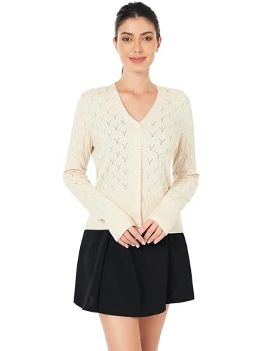 Image of AmelieBoutik Women Lightweight Button Down Long Sleeve Casual V Neck Soft Crochet Knit Fall Cardigan Sweater Tops