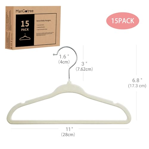 ManGotree Baby Samt Kleiderbügel für Säuglinge und Kleinkinder, 28cm Kinder Größe, 360 Grad Drehbar, Ultradünnes und Rutschfestes Design, 15 Stück (Creme)
