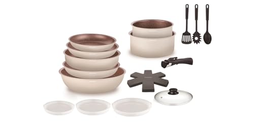 Arthur Martin - Batterie 18 pcs - 3 poêles 20-22-26 cm - 2 casseroles 16-18 cm - 1 sauteuse 24 cm - 1 wok 28 cm - 1 couvercle en verre 24 cm