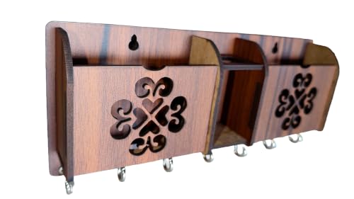 Image of Wall Mount Key Holder & Mail Organizer | Laser-Cut Key Hanger with 7 Metal Hooks, Letter Rack & Pen Stand | Wooden Wall Decor for Entryway, Living Room, Home & Office (EleganceNest)