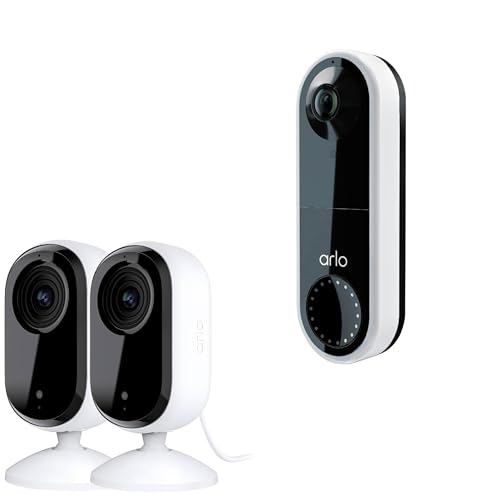 Arlo Essential Starter Kit with Wired Doorbell and Indoor Security Cameras (2nd Gen) 1080p HD 2-Way Audio Night Vision Baby & Pet Monitor (Renewed) (2 Cameras)
