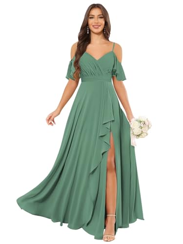 Off The Shoulder Bridesmaid Dresses for Women Long Pleated V Neck Formal Evening Dress with Slit 2025