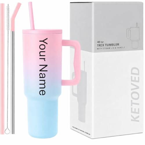 Image of Personalised with Your Name, 1200ml Tumbler with Straw-Handle-Stainless Steel Double Wall Insulated Cup | Leakproof Sipper Mug for Hot-Cold Drinks |Coffee - WaterTumbler(Pink Blue Custom)