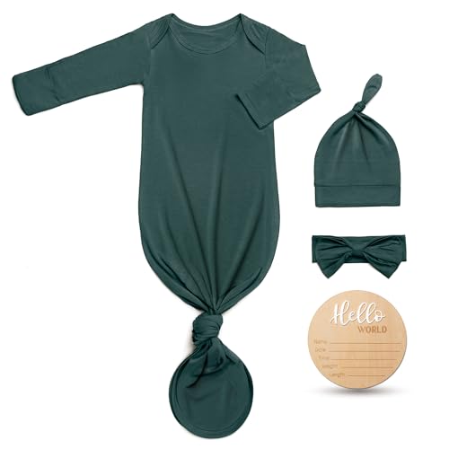 Image of Hello World Newborn Outfit Knotted Gown 0-3 Months, Baby Girl Boy Coming Home Sleeper with Sign