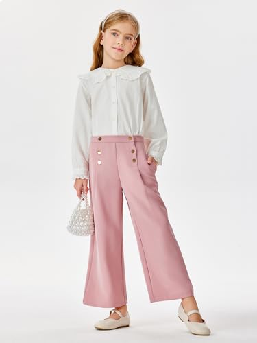 Image of Haloumoning Girls Wide Leg Pants Kids Fashion Elastic Waist Front Button Trousers with Pockets 5-14 Years