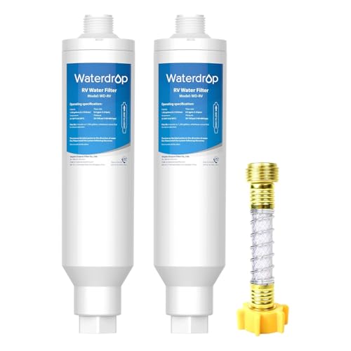 Waterdrop RV/Marine Water Filter with 1 Flexible Hose Protector, Camper Water Filter, Garden Hose Filter, NSF Certified, Greatly Reduces Chlorine, Bad Taste, Odor, 2 Pack Pack of two with Ho
