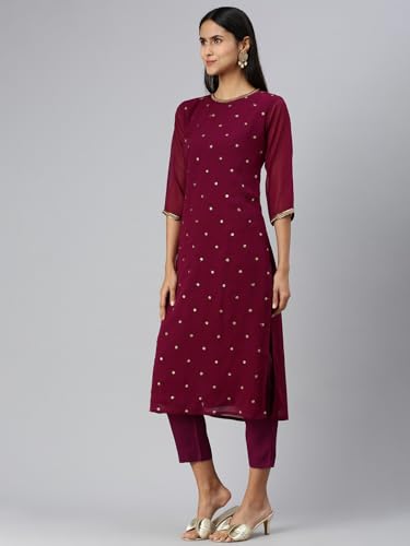 Image of Hritika Women Faux Georgette Sequin Pattern Regular Kurta Set (Purple, Hrkb0070Prple L)
