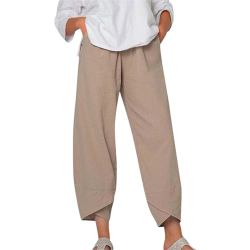 Womens Cotton Linen Capri Pants Casual Elastic Printed Cropped Palazzo Pants Baggy Palazzo Ankle Trousers