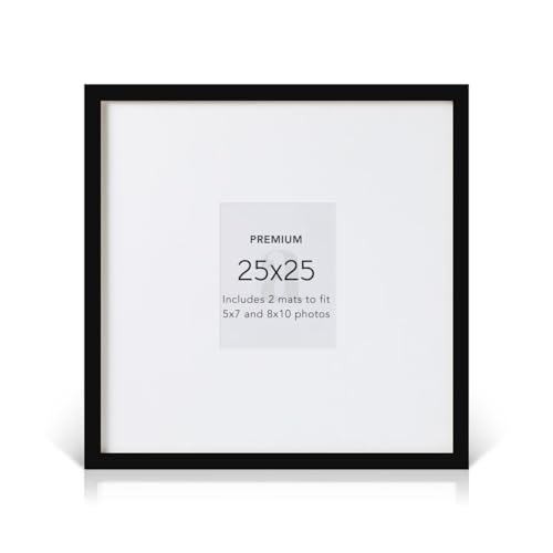 artisane home goods 25x25 Picture Frame with 2 Mats 8x10 and 5x7, Solid Pine Wood Square Matted Wall Frame for Gallery Display, Black, Premium
