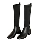 ソックスブーツ ブラック ロングブーツ ストレッチ ニット素材 ヒール5.5cm 歩きやすい ストレッチブーツ 細見せ レディース 大きいサイズ 太ヒール 秋冬ブーツ スクエアトゥ 美脚 おしゃれ フォーマル 24.5cm 発表会 結婚式 カジュアル 日常 VRGT
