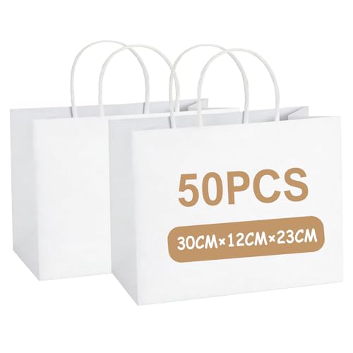 Gaoyong 50 Stück Papiertüten 30x12x23cm Geschenktüte Weiß zum Einkaufen DIY Basteln Geburtstag (Mittlere Größe 130GMS)