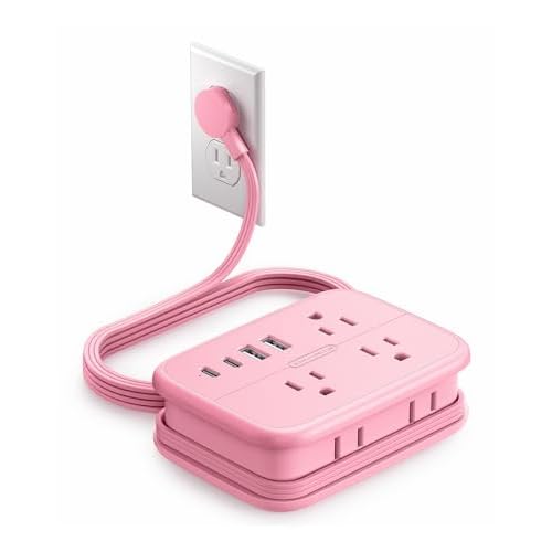 NTONPOWER Pink Extension Cord, Travel Power Strip, 6 Outlets 4 USB Ports(2 USB C), 4ft Extension Cord Wrapped Around Small Power Strip, Compact for Travel, Hotel, Cruise Approved, White