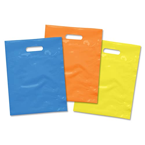 Image of Plastic Merchandise Bag with Die Cut Handle, 9 inch x 12 inch Size, 2 Mil Bag, 100 Pack, Assorted Colors