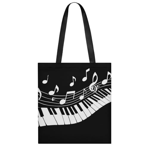 CWECVWE Women's Tote Bag Shoulder Reusable Cloth Bag Fashion Soft Shopping Handbag White Piano Keys with Musical Notes Black