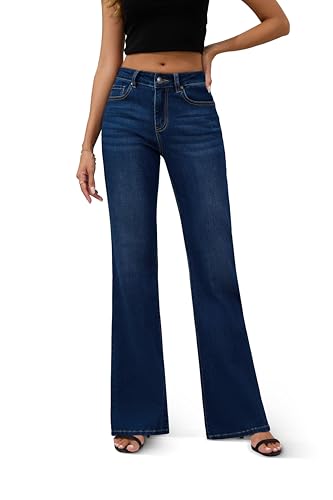 FLYING BANANA Women's High Rise Wide Leg Baggy Stretchy Loose Flare Bell Bottom Denim Jeans (Dark Blue, 14 Short)