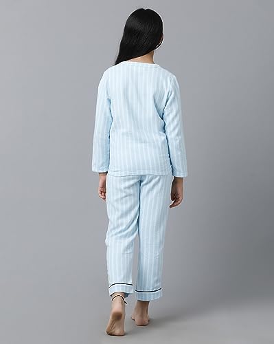 Image of Under Fourteen Only Girls Brushed Flannel Check Night Suit Set | Cotton Printed Mandarin Collar Top with Contrast Buttons & Piping | Full Sleeve Sleepwear with Elastic Waist Pants & Pockets