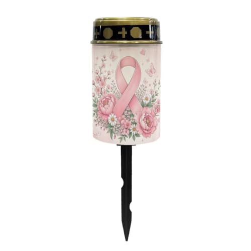 Image of Poceacles Cemetery Candle Grave Lights Outdoor Waterproof Decoration Pathway Lights Garden Solar Candle for Garden Lawn Decor, Pink Ribbon Floral Butterfly
