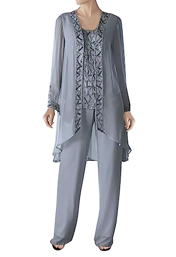 3 Pieces Mother of The Bride Dresses Pant Suits-Beaded Evening Formal Dress Chiffon Jacket Wedding Guest Groom Women's2