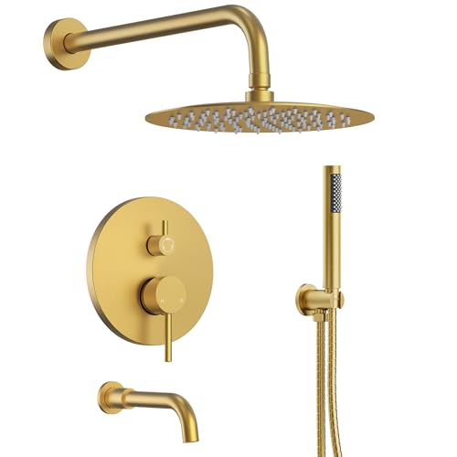 EVERSTEIN 10 High-Pressure Rainfall Shower System with Handheld Spray Wall Mount Bathroom Shower Faucet Set with Tub Spout Brushed Gold (Valve Included)