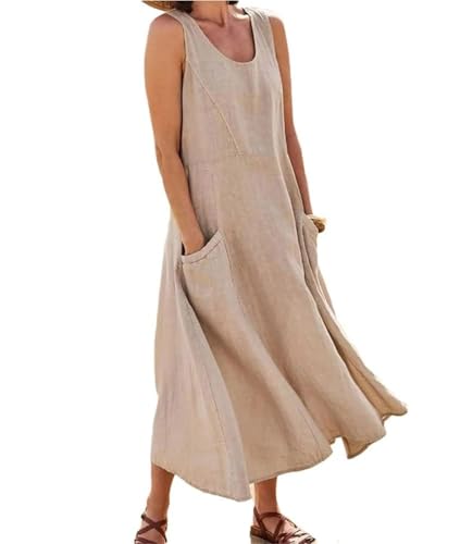 Soulolo Leinenkleid Damen Ärmellos Baumwoll Leinen Sommerkleid Lose Maxikleid Einfarbig Freizeitkleid A Linien Kleid Casual Rundhals Strandkleid Boho...