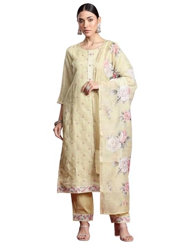 Image of INDO ERA Women's Linen Embroidered Straight Kurta and Pant with Dupatta Set (KH9PK9800)
