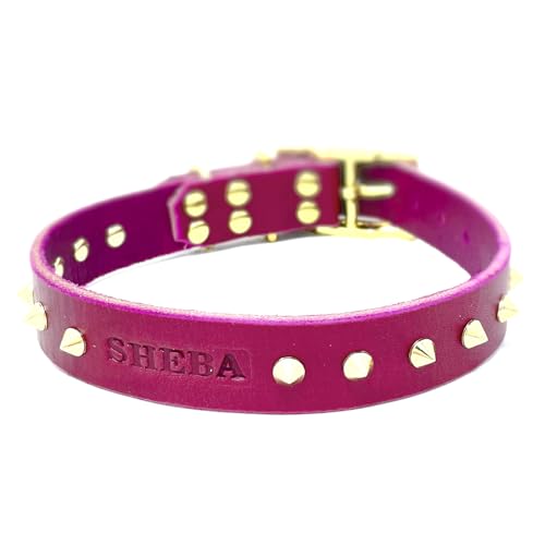 Handmade Personalized Spiked Bridle Leather Dog Collar, Gold/Brass Tone Spike Rivets, Embossed Name (Magenta)