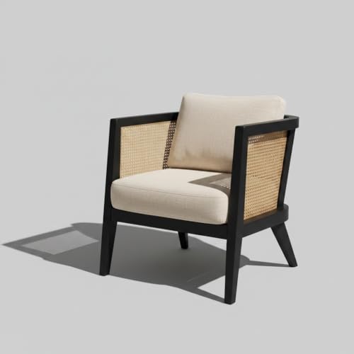 Image of APRODZ Solid Wood Accent Chair for Living Room Mid Century Modern Wooden Upholstered Armchair with Cushion Lounge Chair Cane Back Wooden Frame for Living Room Bedroom Office Seating (Black)