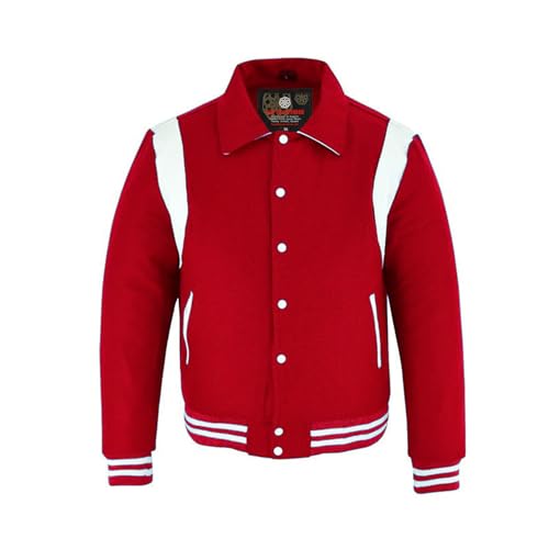 Red Varsity Jacket Men - High School Letterman Bomber Style Collared Baseball Jackets for Men