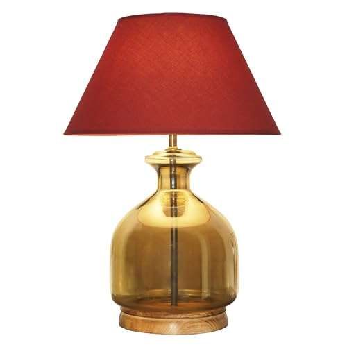 Image of Alper Smoke Luster Glass Table Lamp with Maroon Cotton Shade | Modern Designer Bedside & Living Room Decorative Table Light (Bulb Included)