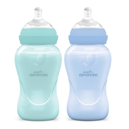 Advanced by Evenflo, Biberón Anticólicos Cuello Ancho, Niño, Color Azul y Teal, Flujo Medio, 9oz/270ml, 2 piezas, MEX.