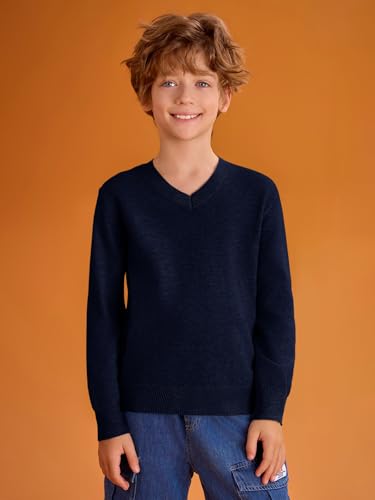 Haloumoning Jungen Pullover V-Ausschnitt Uniform Kinder Langarm Strickpullover Einfarbig Basic Casual Leichte Gestrickte Oberteile, Dunkelblau, 7-8 Jahre