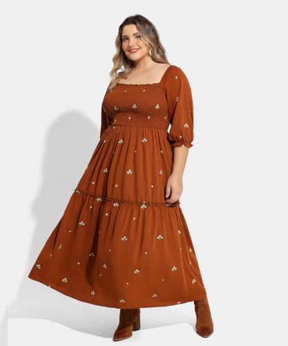 Image of RITERA Plus Size Dresses for Curvy Women Square Neck Short Sleeve Summer Floral Smocked Maxi Dress with Pocket XL-5XL