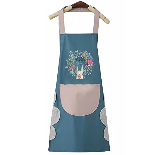 DOCAT Delantal de cocina para mujer con bolsillo frontal grande, impermeable, diseño único, accesorios de cocina para cocinar en casa, conejo azul, Conejito azul, width 68cm, length 72cm