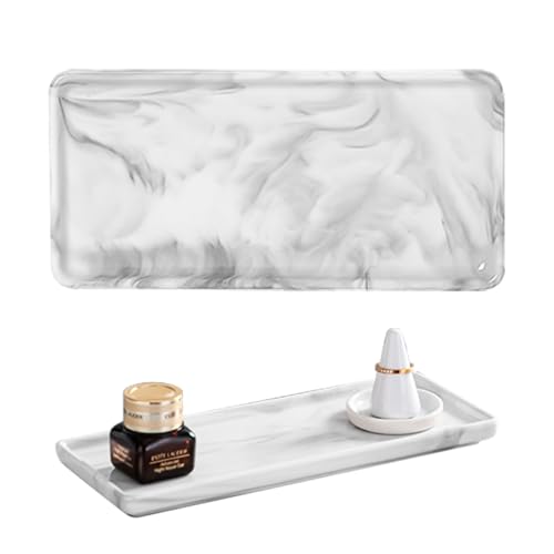 Image of HASTHIP Rectangular Ceramic Vanity Tray, 23.5x9.3cm, Marble Pattern Multipurpose Organizer for Jewelry, Makeup, Perfume, Toiletries & Countertop Decor, Tray for Decoration (1 Pc)