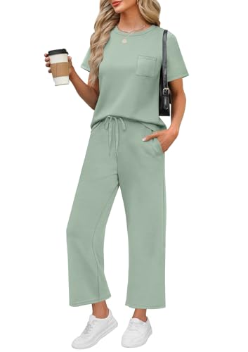 Image of WIHOLL 2 Piece Sets for Women Casual Summer Travel Vacation Outfits Short Sleeve Wide Leg Crop Pants Lounge Sets